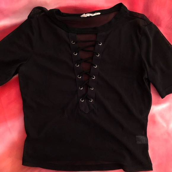 Black Lace-Up Mesh Crop Top - Picture 3 of 3